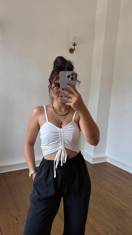 Büzgülü Askılı Crop Ekru