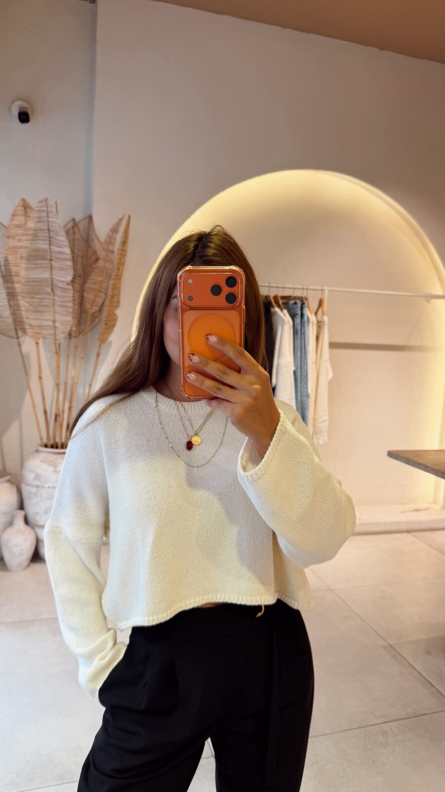 Düz Crop Kazak Ekru