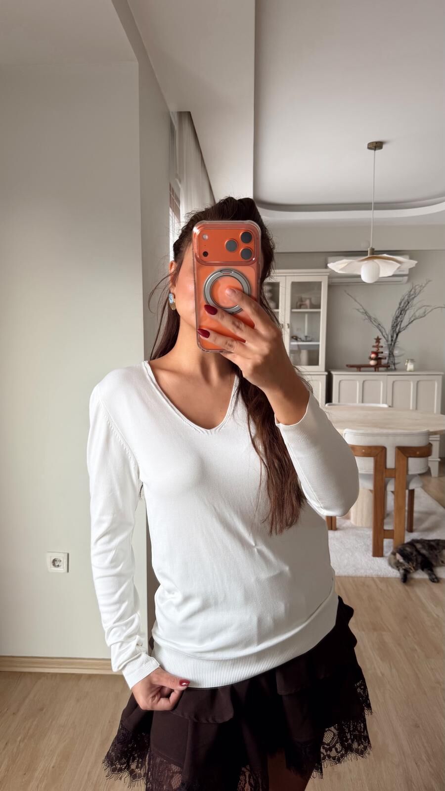 V Yaka Triko Bluz Ekru