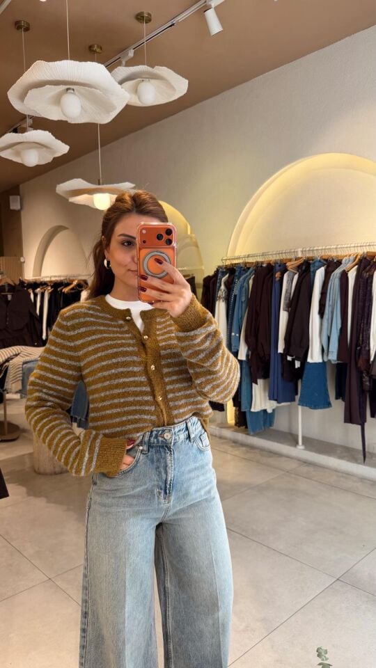 Yağ Yeşil Gri Çizgili Hırka