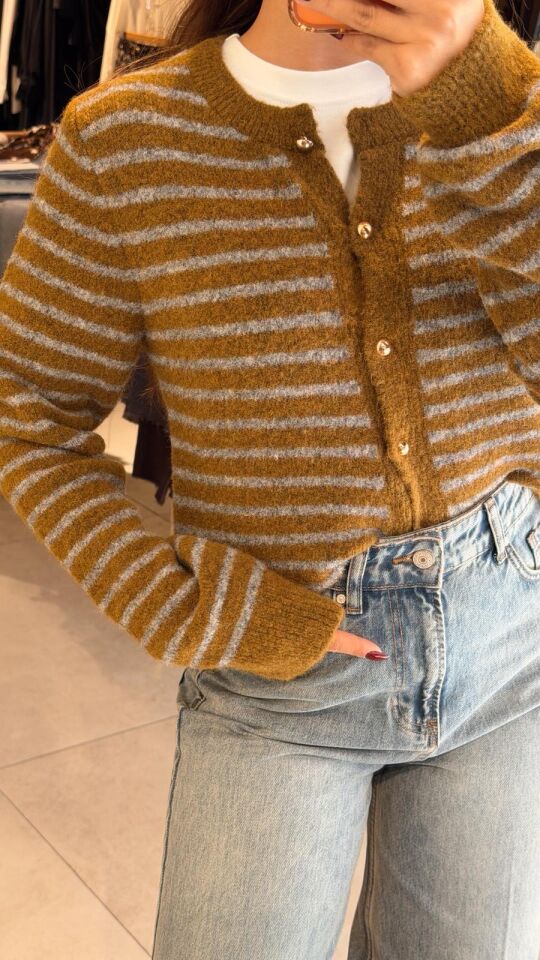 Yağ Yeşil Gri Çizgili Hırka