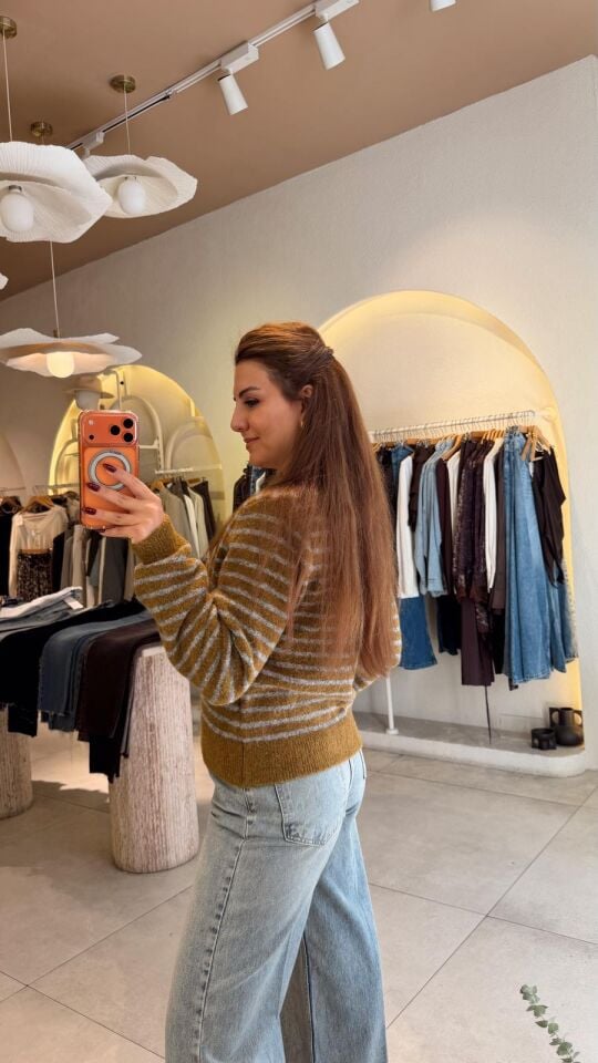 Yağ Yeşil Gri Çizgili Hırka