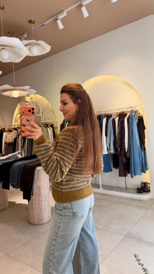 Yağ Yeşil Gri Çizgili Hırka