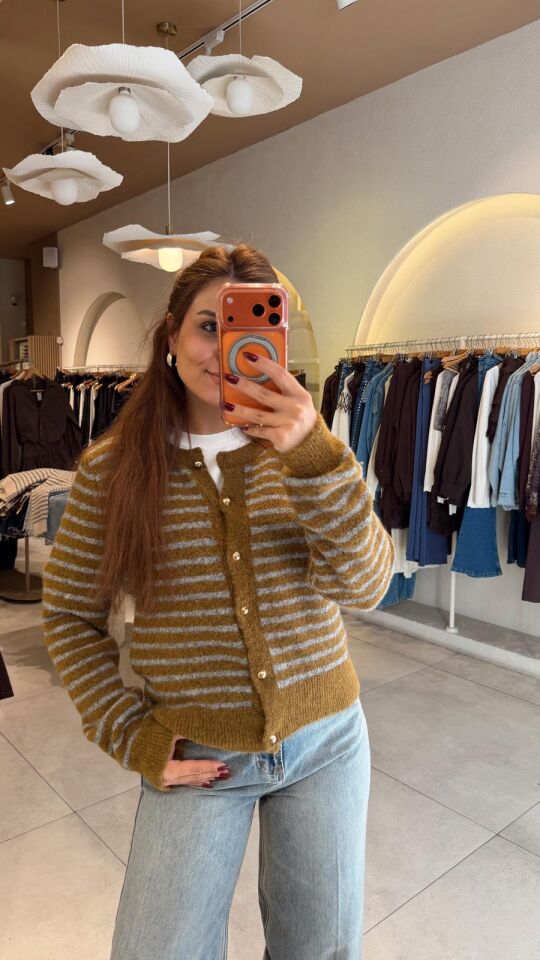 Yağ Yeşil Gri Çizgili Hırka