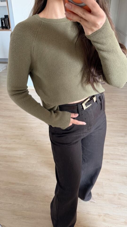 Yırtmaçlı Triko Kazak Haki