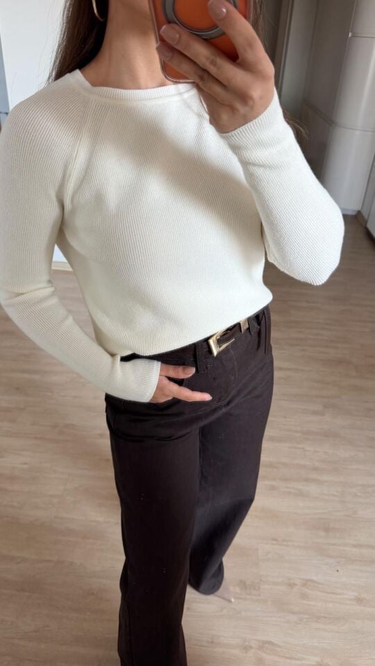 Yırtmaçlı Triko Kazak Ekru