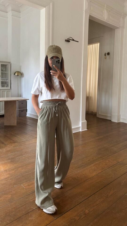 Tencel Boncuklu Pantolon Haki