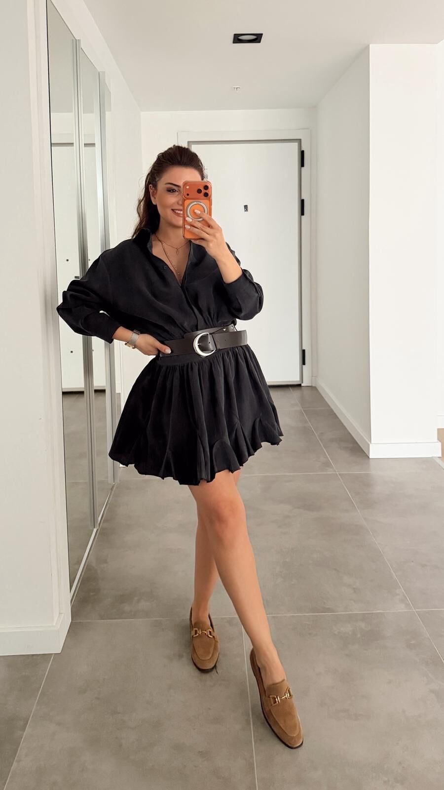 Antrasit Yıkamalı Kemerli Elbise