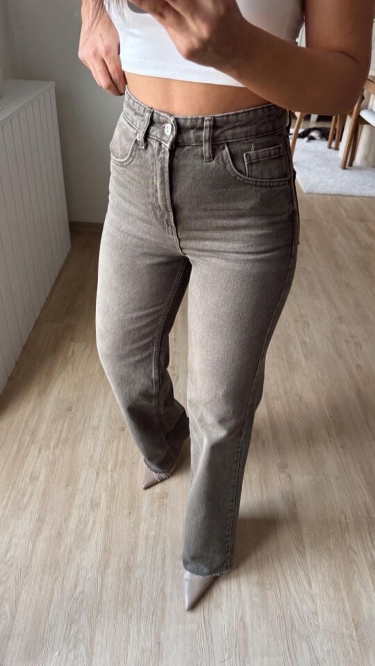 Haki Taşlamalı Straight Jean