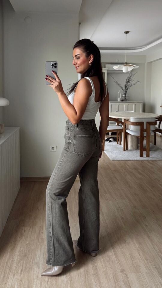 Haki Taşlamalı Straight Jean