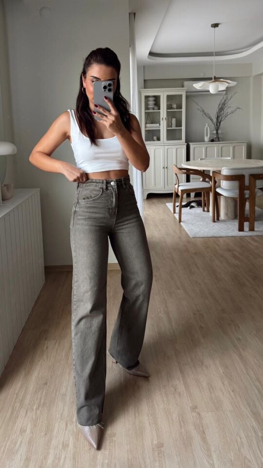 Haki Taşlamalı Straight Jean