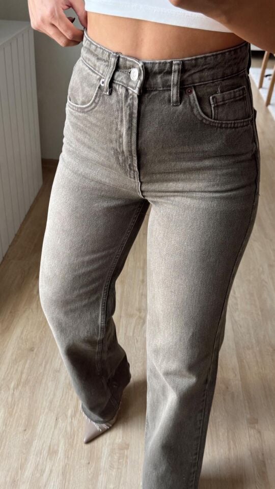 Haki Taşlamalı Straight Jean