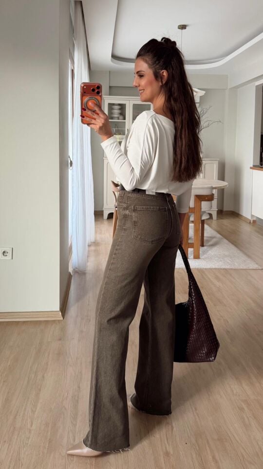 Haki Taşlamalı Straight Jean