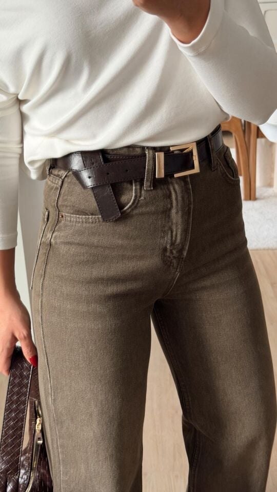 Haki Taşlamalı Straight Jean