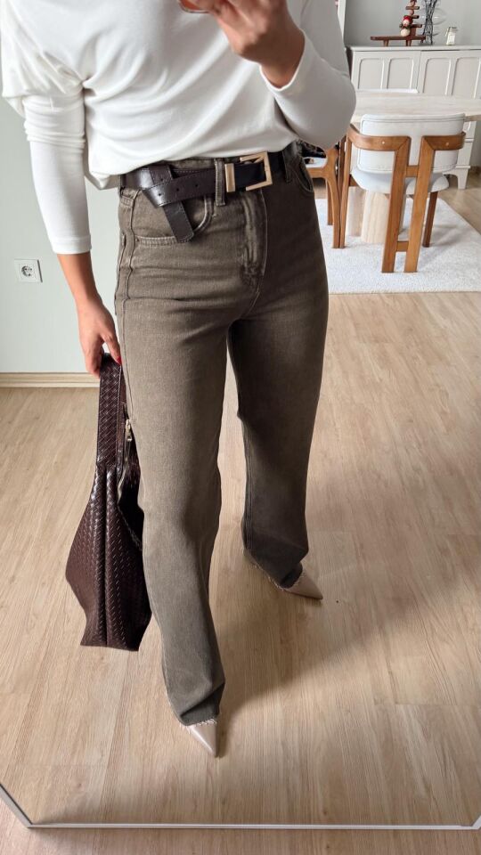 Haki Taşlamalı Straight Jean