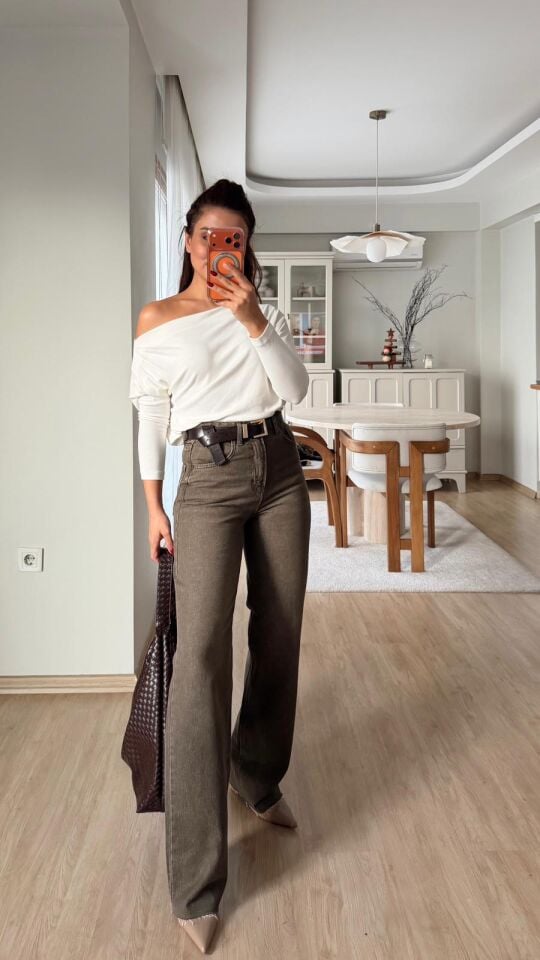 Haki Taşlamalı Straight Jean