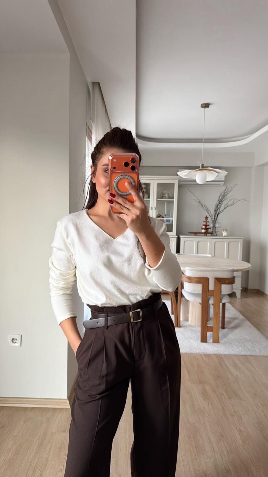 V Yaka Dikişli Triko Ekru