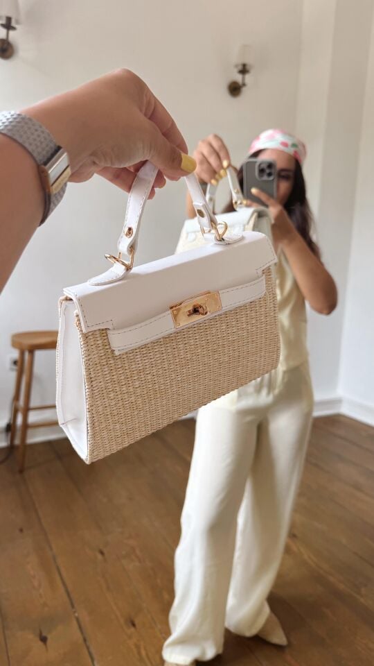 Hasır Detay Çanta Beyaz
