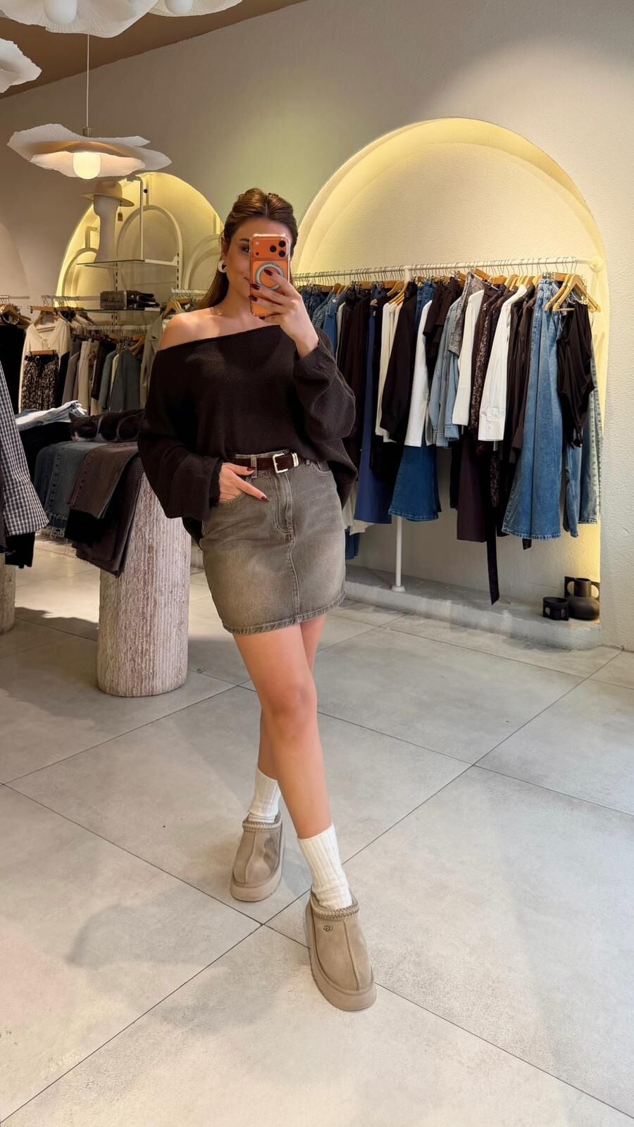 Mini Kemerli Kot Etek Haki