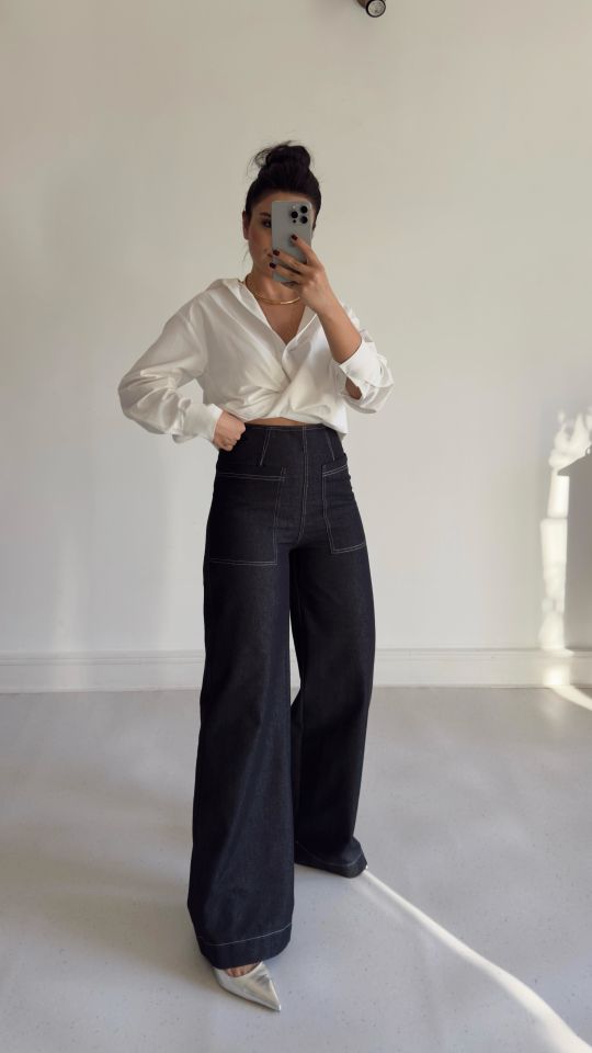 Dikişli Cepli Denim Pantolon Siyah