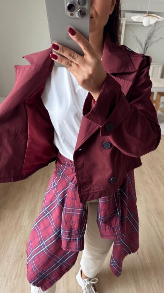 Düğmeli Crop Trench Bordo