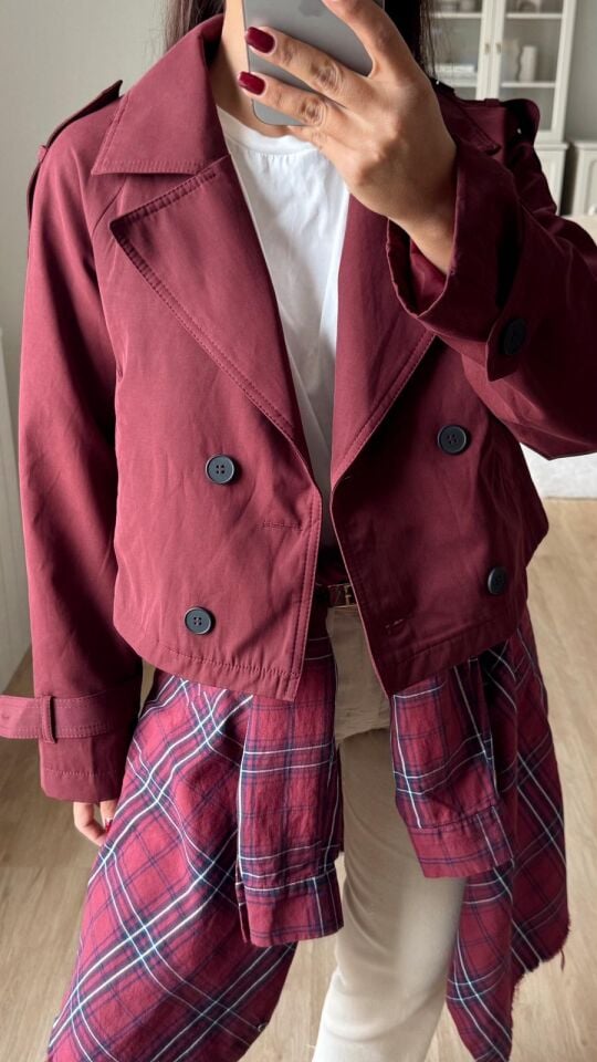 Düğmeli Crop Trench Bordo