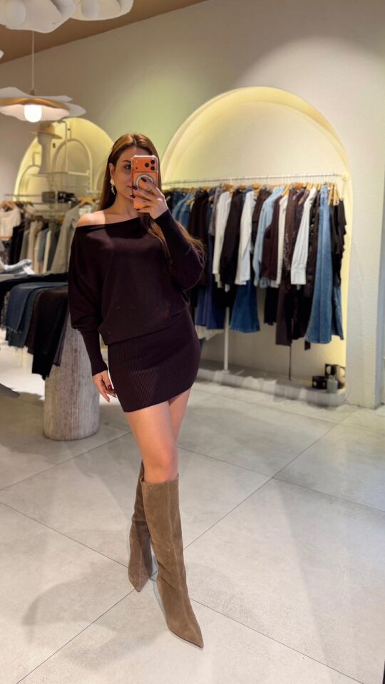 Asimetrik Kesim Mini Elbise Kahve