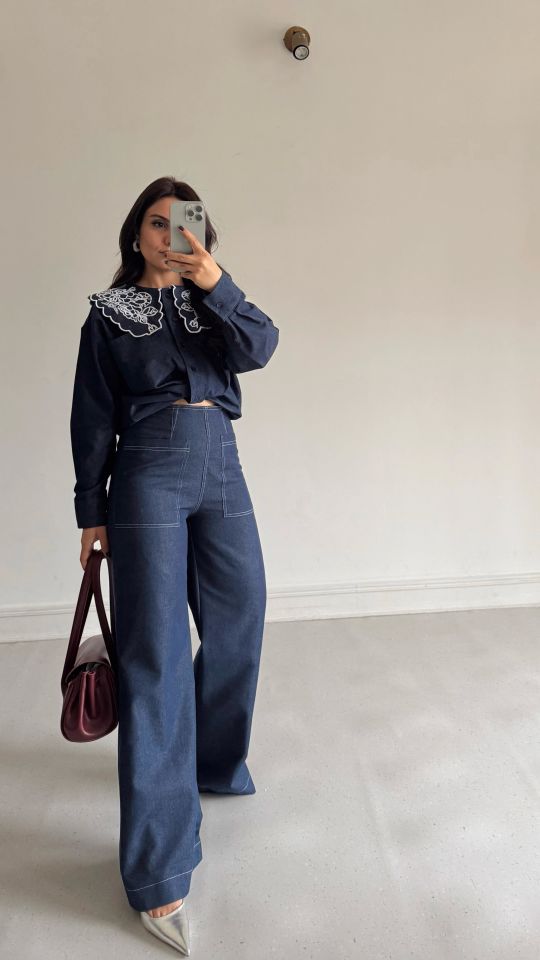 Dikişli Cepli Denim Pantolon Laci