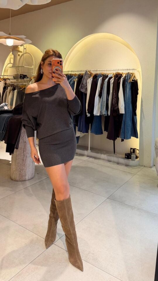 Asimetrik Kesim Mini Elbise Gri