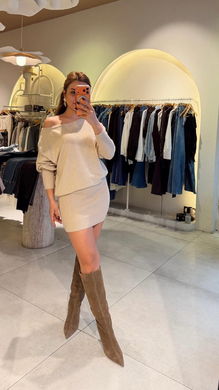 Asimetrik Kesim Mini Elbise Bej