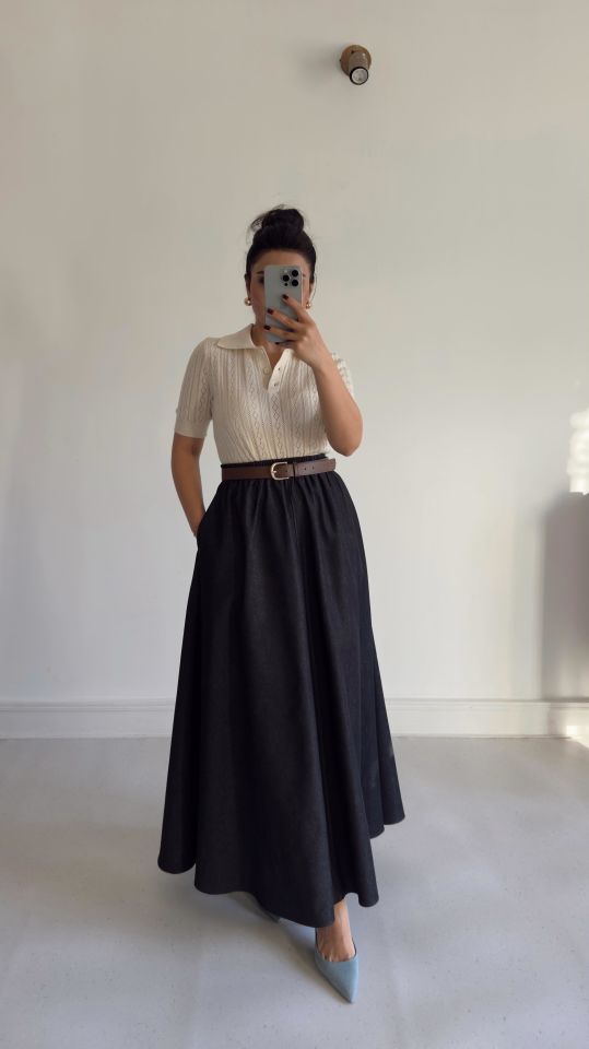 Lastikli Denim Etek Siyah