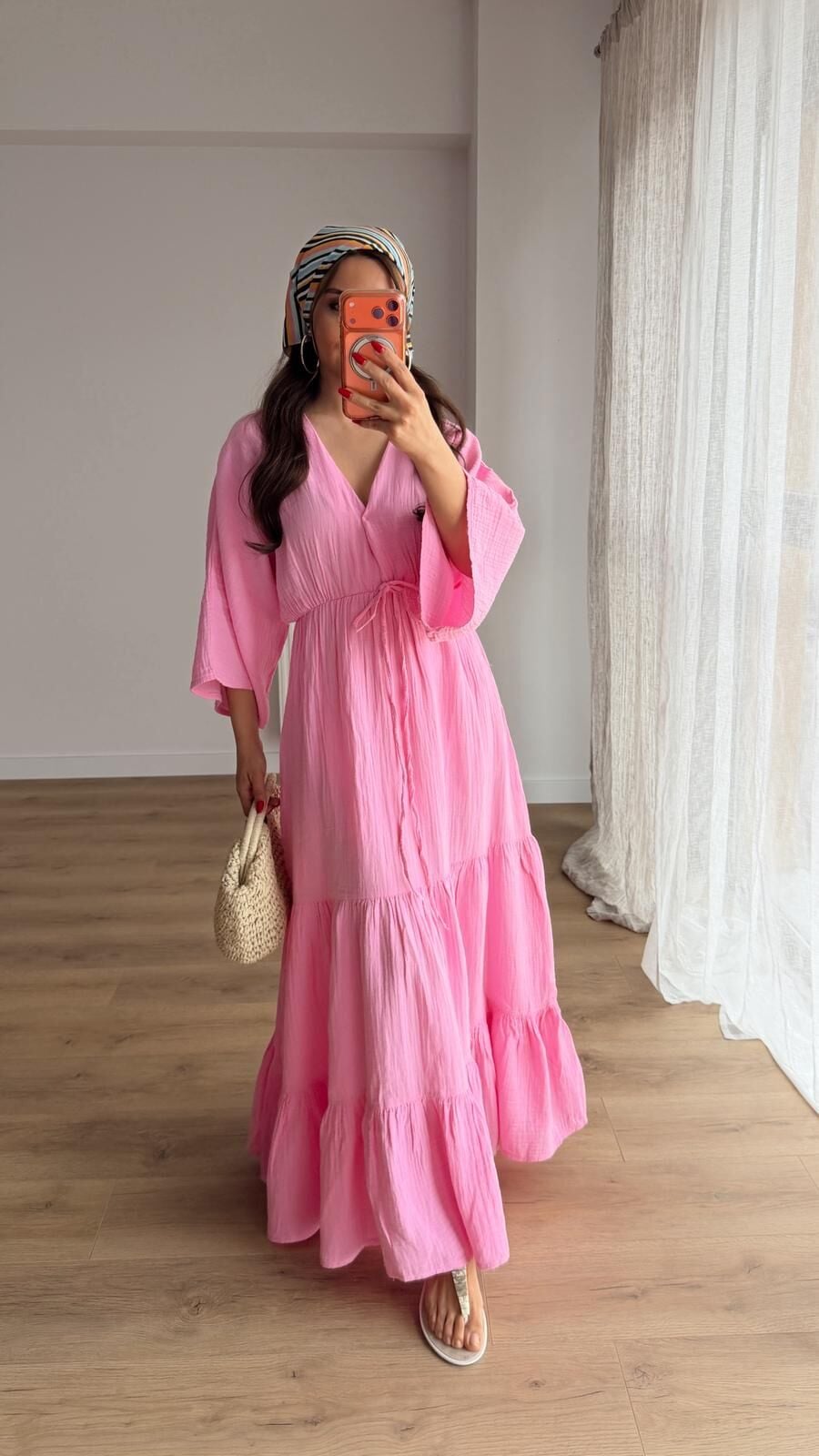 Bağcıklı Katlı Müslin Elbise Pembe