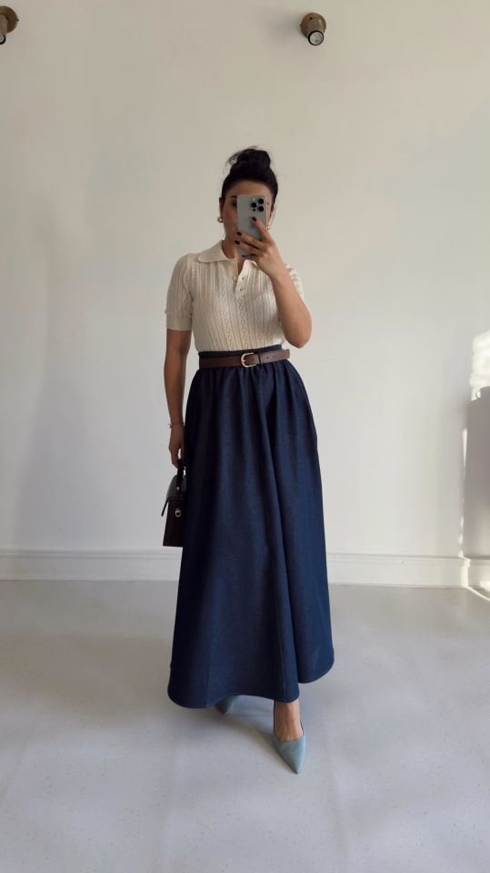 Lastikli Denim Etek Laci