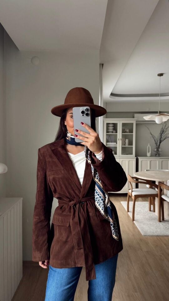 Kuşaklı Süet Blazer Kahve