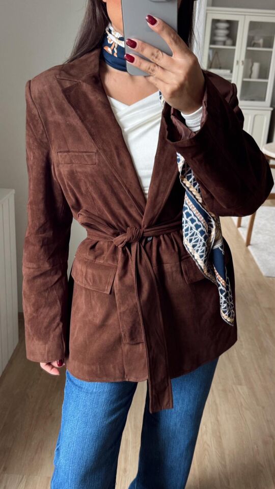 Kuşaklı Süet Blazer Kahve