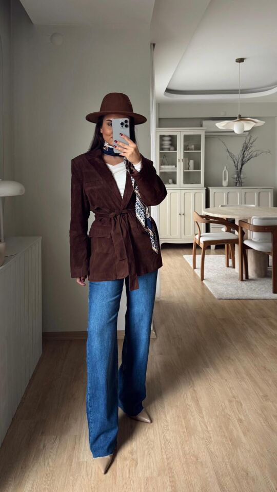 Kuşaklı Süet Blazer Kahve