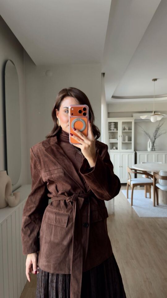 Kuşaklı Süet Blazer Kahve