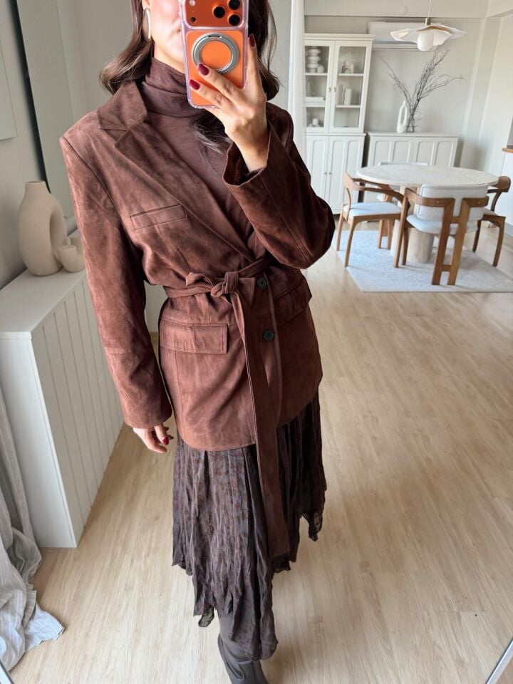 Kuşaklı Süet Blazer Kahve