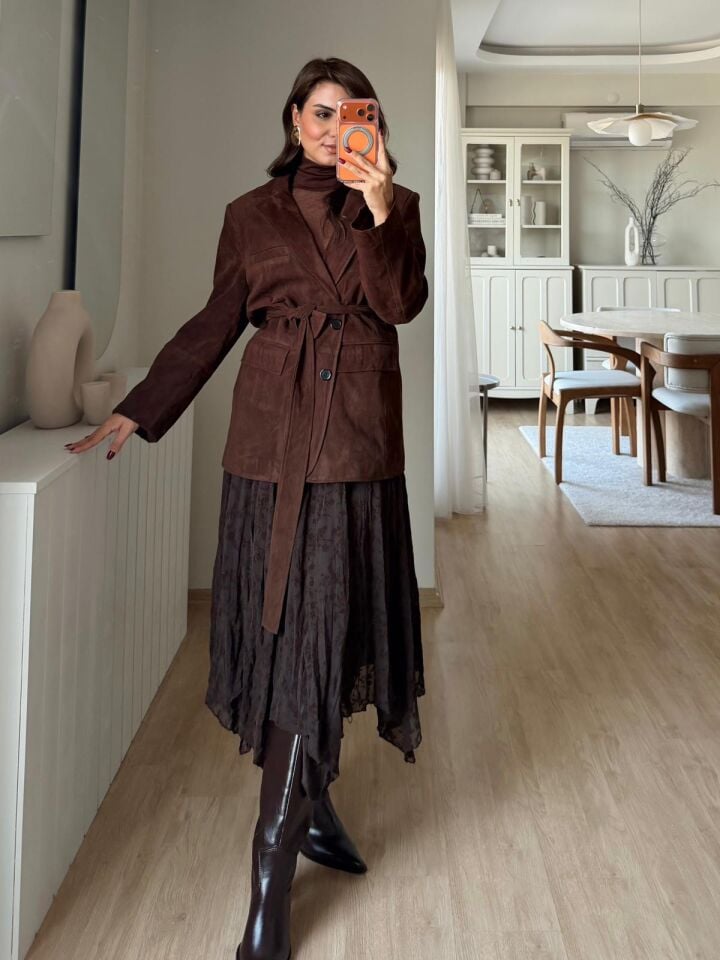 Kuşaklı Süet Blazer Kahve