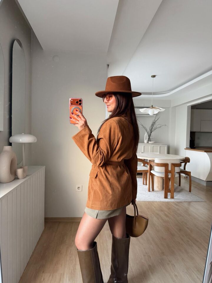 Kuşaklı Süet Blazer Taba