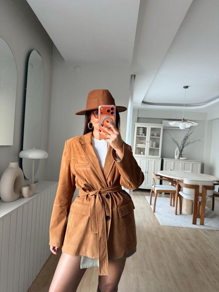 Kuşaklı Süet Blazer Taba