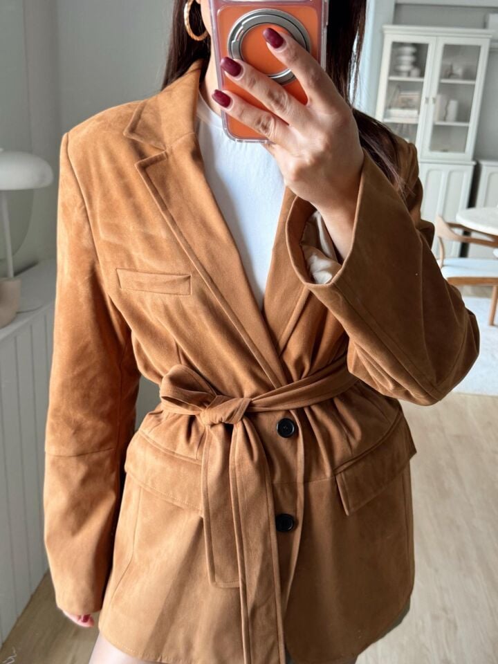 Kuşaklı Süet Blazer Taba