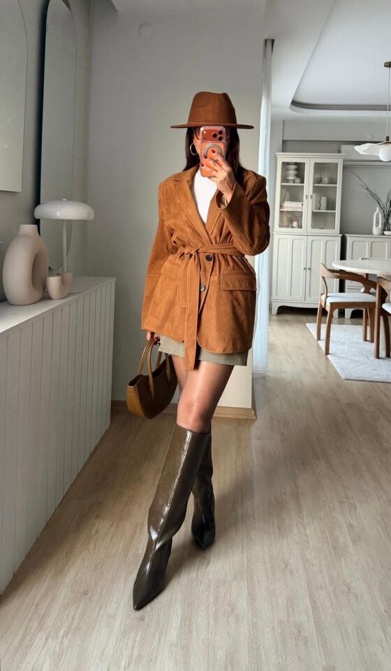 Kuşaklı Süet Blazer Taba