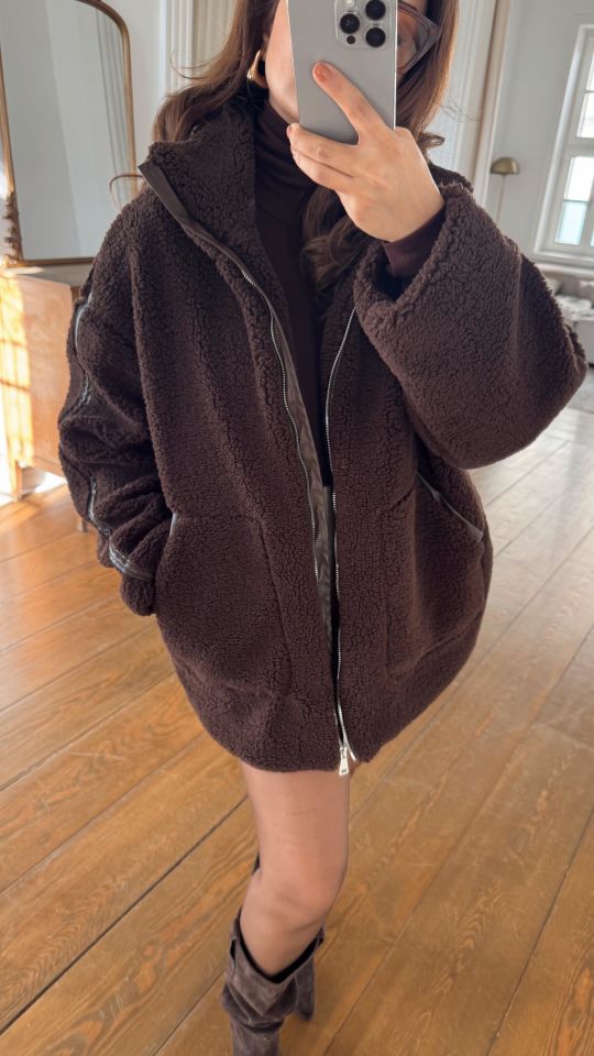 Deri Detaylı Peluş Ceket Kahve