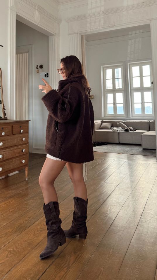 Deri Detaylı Peluş Ceket Kahve