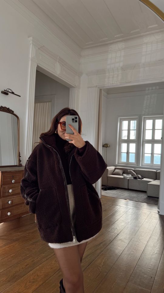 Deri Detaylı Peluş Ceket Kahve