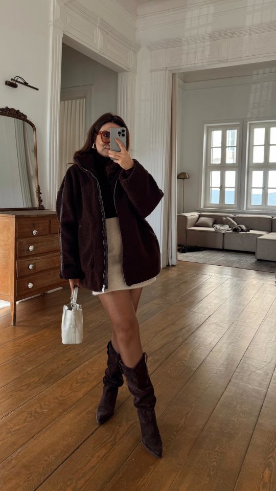 Deri Detaylı Peluş Ceket Kahve