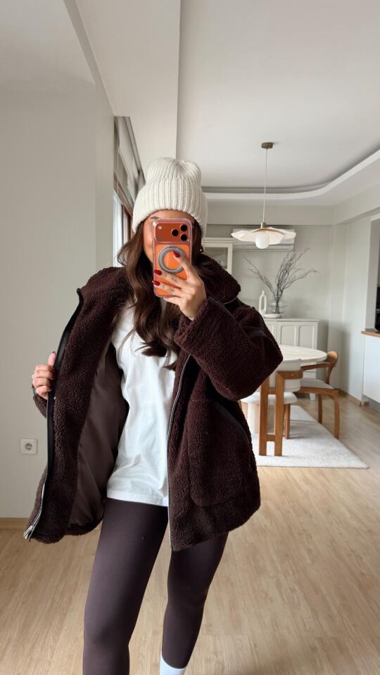Deri Detaylı Peluş Ceket Kahve