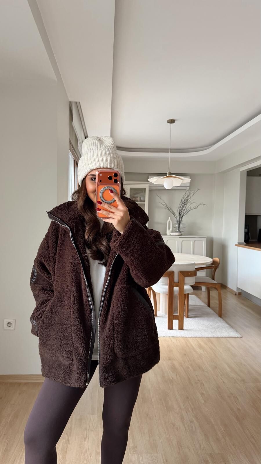 Deri Detaylı Peluş Ceket Kahve