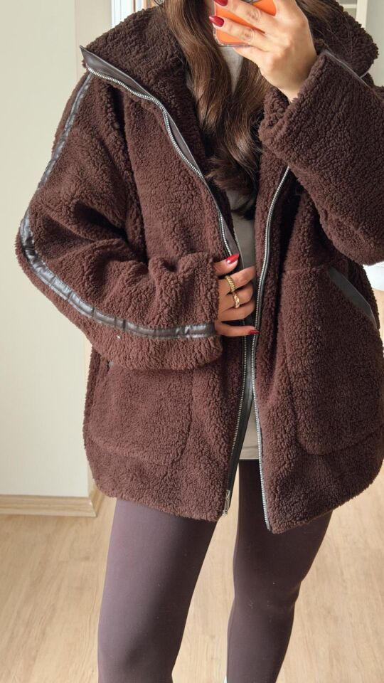 Deri Detaylı Peluş Ceket Kahve